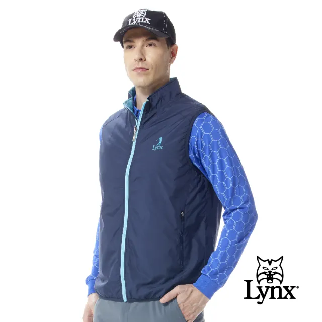 【Lynx Golf】男款薄鋪棉防風保暖精美繡花雙面穿Lynx Golf線條印花無袖背心(二色)