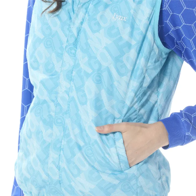 【Lynx Golf】女款薄鋪棉防風保暖Lynx繡花雙面穿漸層點點紋路無袖背心(藍綠色)