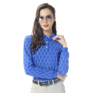 【Lynx Golf】女款吸濕排汗滿版六角蜂巢圖樣領尖扣款式長袖POLO衫(藍色)