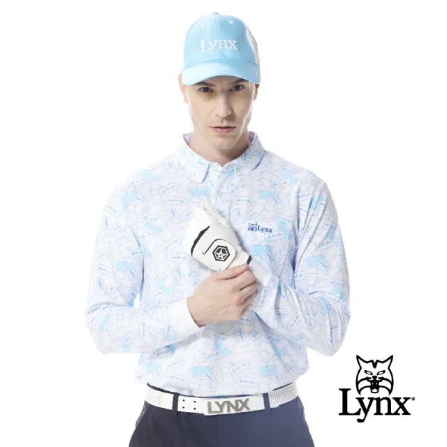 【Lynx Golf】男款吸濕排汗滿版票券圖樣印花胸袋山貓繡花款長袖POLO衫/高爾夫球衫(水藍色)