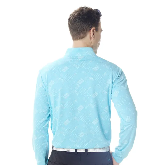 【Lynx Golf】男款吸濕排汗滿版形狀線條組合印花長袖立領POLO衫/高爾夫球衫(藍綠色)