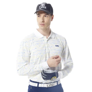【Lynx Golf】男款吸濕排汗滿版亮色系線條球車果嶺圖樣印花長袖POLO衫/高爾夫球衫(白色)