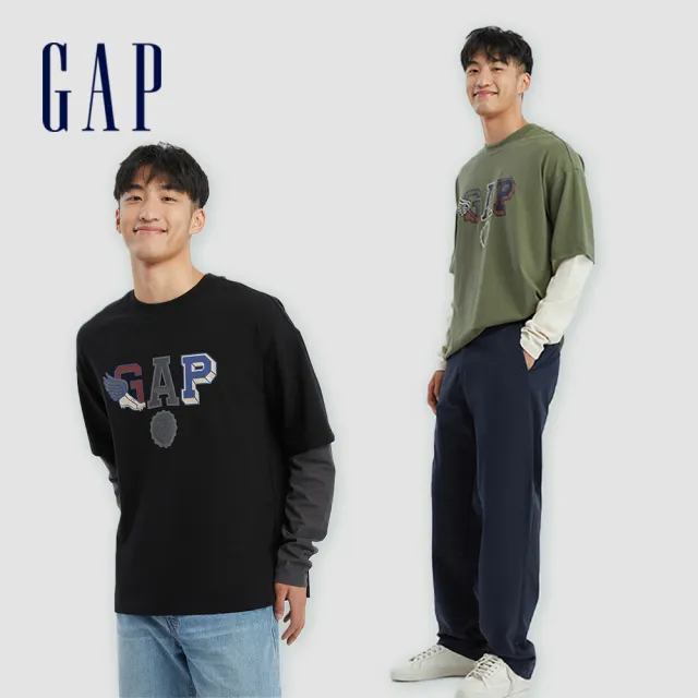 【GAP】男裝 Logo純棉印花假兩件圓領長袖T恤-多色可選(773173)