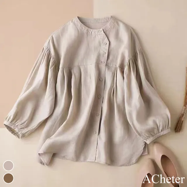 【ACheter】秋新品寬鬆顯瘦圓領七分燈籠袖棉麻襯衫短版上衣#113554(灰/卡其)