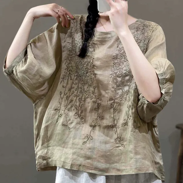 【ACheter】復古文藝寬鬆純色刺繡上衣時尚圓領七分袖短版上衣#119063(4色)