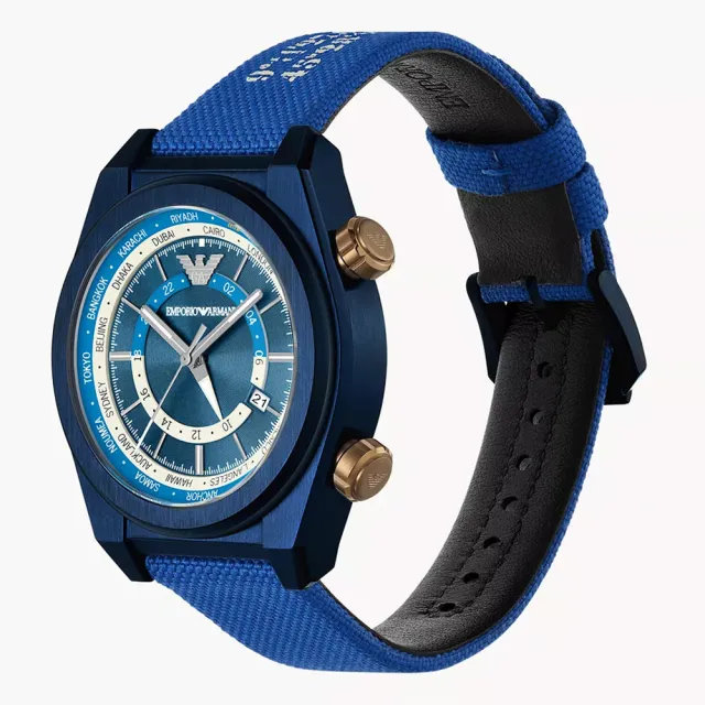 【EMPORIO ARMANI】亞曼尼 雙時區蔚藍帆布手錶-43mm 錶 生日禮 送禮(AR11564)