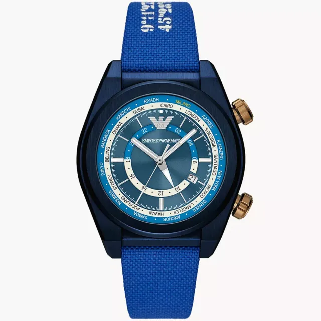 【EMPORIO ARMANI】亞曼尼 雙時區蔚藍帆布手錶-43mm 錶 生日禮 送禮(AR11564)