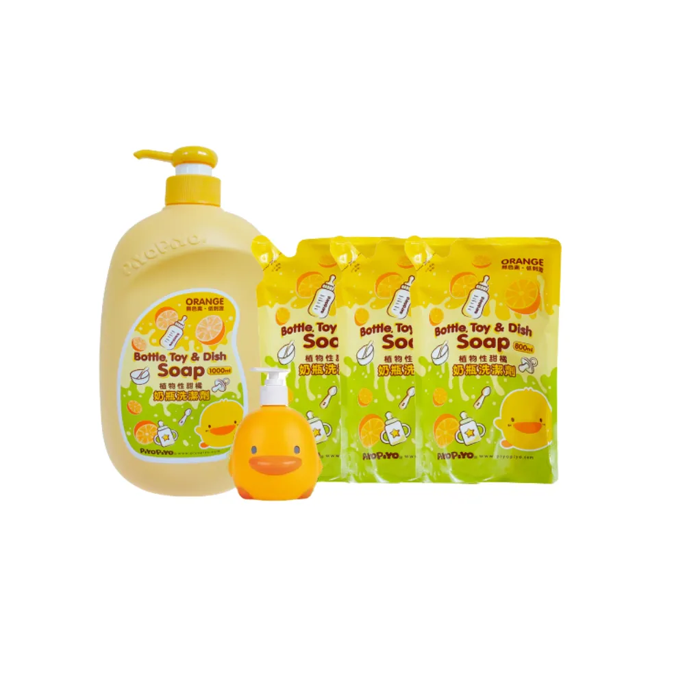 【Piyo Piyo 黃色小鴨】小鴨造型奶瓶清潔劑(1000ml+800mlx3包 蔬果 玩具 洗碗 洗手 嬰幼兒童餐具 造型瓶)