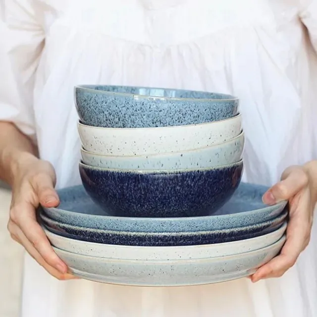 【DENBY】藍色藝匠4色早餐邊盤+2色湯碗-礦石白+鈷藍