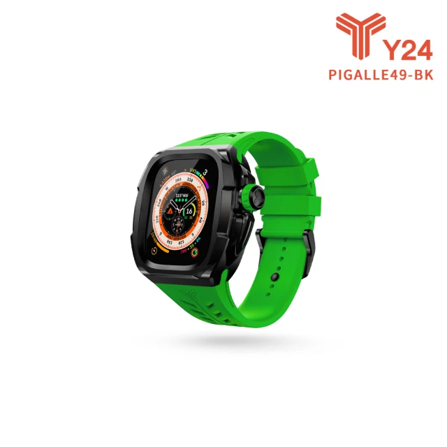 Y24 Apple Watch 49mm 不鏽鋼防水保護殼 黑色錶殼/綠色錶帶(PIGALLE49-BK)