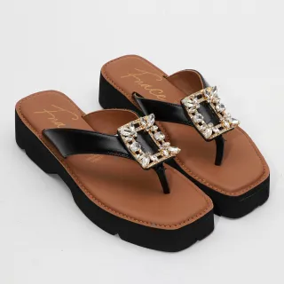 【FNACE】方釦鑽厚底夾腳百厚底拖(黑色)