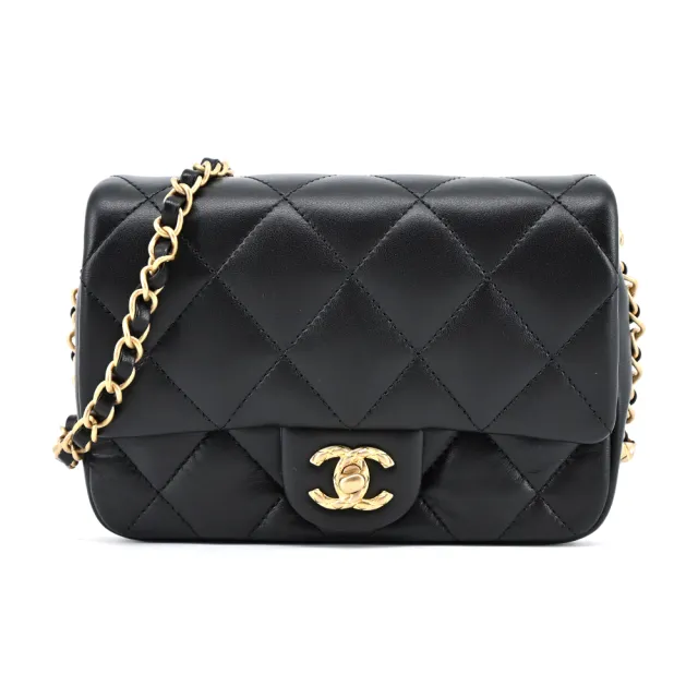 【CHANEL 香奈兒】COCO 經典雙C LOGO小羊皮鏈帶肩背/斜背包(黑色)