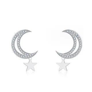 【Jpqueen】星星月亮縷空鑲鑽氣質針式耳環(銀色)