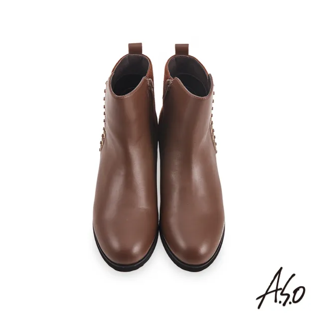 【A.S.O 阿瘦集團】時尚流行 牛皮拼接羊絨飾釦真皮短靴(咖啡)