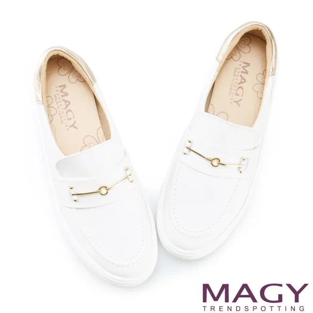 【MAGY】雙皮革金屬飾條厚底休閒鞋(白色)