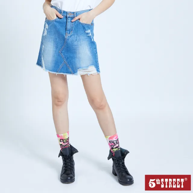 【5th STREET】雙11 女裝 短裙 牛仔短裙 高腰 A字裙 淺藍(980024)
