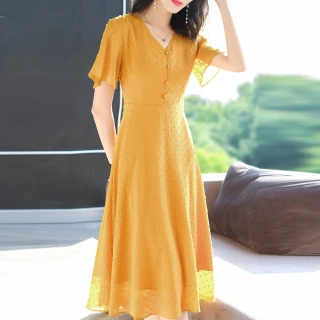 【ALICAI 艾麗彩】鵝黃立體波點素面寬鬆長洋裝(中大尺碼/L-4XL)