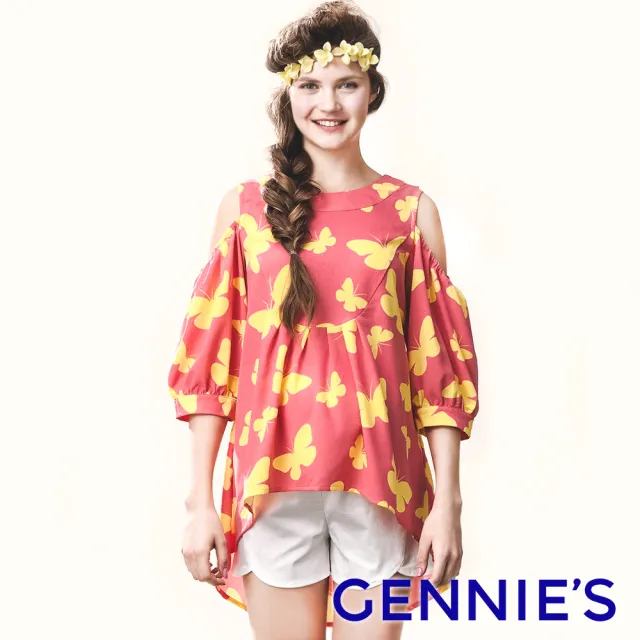 【Gennies 奇妮】甜美蝴蝶露肩上衣(孕婦裝 五分袖 綁帶 後背挖洞 前短後長)
