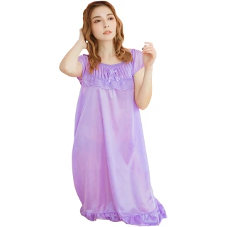 【lingling】PA3642全尺碼-蝶結波浪花漾蕾絲冰絲短袖連身裙睡衣(浪漫淺紫)
