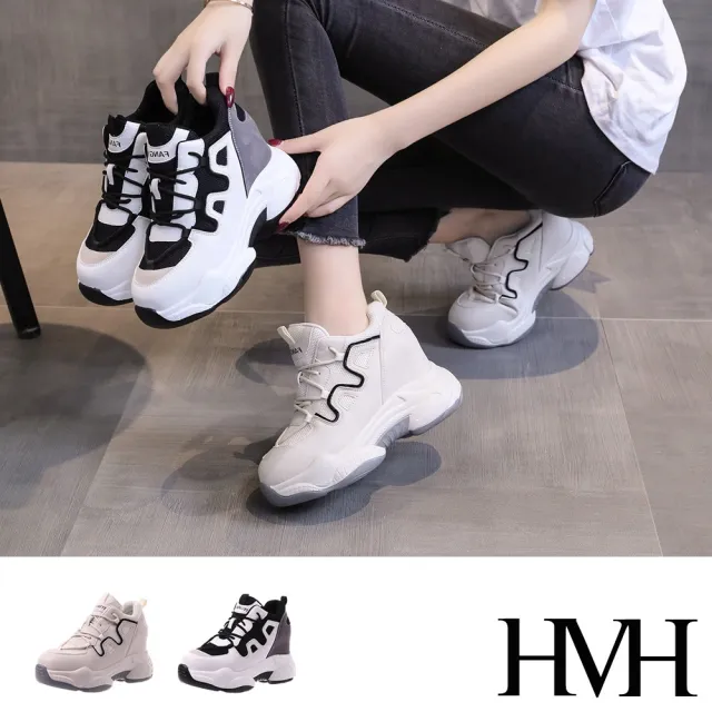 【HMH】厚底休閒鞋 內增高休閒鞋/潮流綁帶網布拼接厚底內增高時尚休閒鞋(2色任選)
