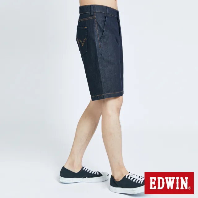 【EDWIN】男裝 斜袋LOGO牛仔短褲(原藍磨)