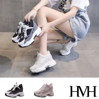 【HMH】厚底休閒鞋 內增高休閒鞋/復古潮流色塊網布拼接厚底內增高休閒運動鞋(2色任選)