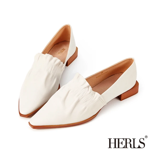【HERLS】樂福鞋-全真皮時髦立體抓皺尖頭樂福鞋(灰白色)