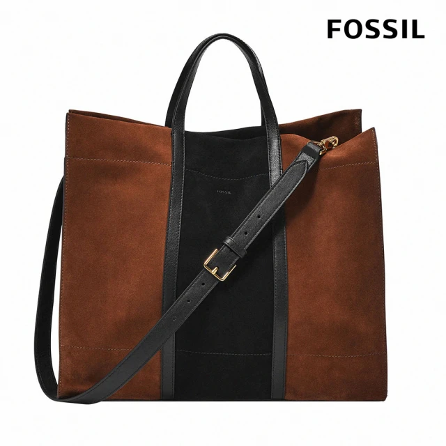 【FOSSIL 官方旗艦館】Carmen 麂皮大容量兩用手提包-黑X棕色 ZB7891199(附真皮背帶)