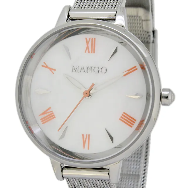 【MANGO】亮麗雙色簡約腕錶-MA6764L-81(珍珠白*橘紅/30mm)