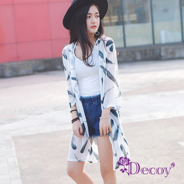 【Decoy】雪紡印花＊七分袖防曬輕薄罩衫外套/白色羽毛
