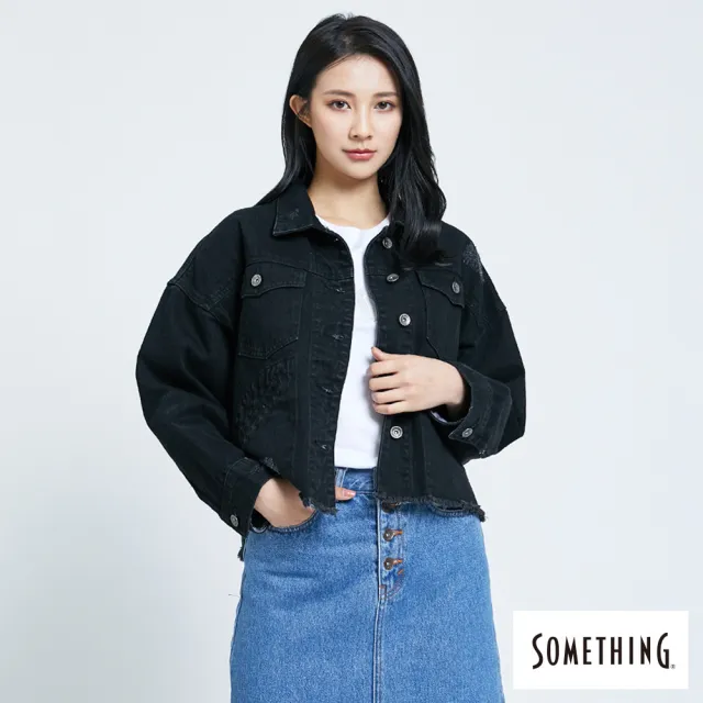 【SOMETHING】女裝 短版下襬不收邊牛仔外套(黑色)