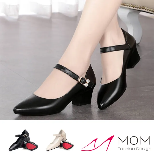 【MOM】真皮粗跟鞋 尖頭跟鞋/真皮細緻牛皮小尖頭淺口典雅一字帶造型高跟鞋(2色任選)