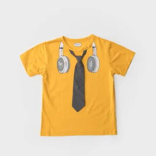 【Frenchie Mini Couture】男童領帶短袖上衣 - 小型男耳機領帶(黃色淺藍麻灰)