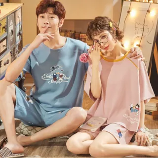 【I.Dear】韓版男女情侶可愛風圖案純棉睡衣居家服短袖短褲兩件套組(男女6色)