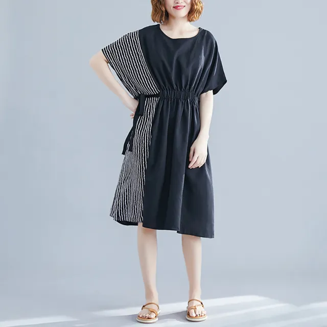 【JILLI-KO】條紋拼接收腰寬版連衣裙-F(黑)