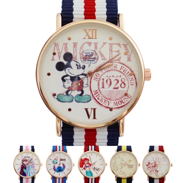 【Disney 迪士尼】授權迪士尼系列 英倫風格多種顏色休閒帆布錶帶搭配玫金錶框