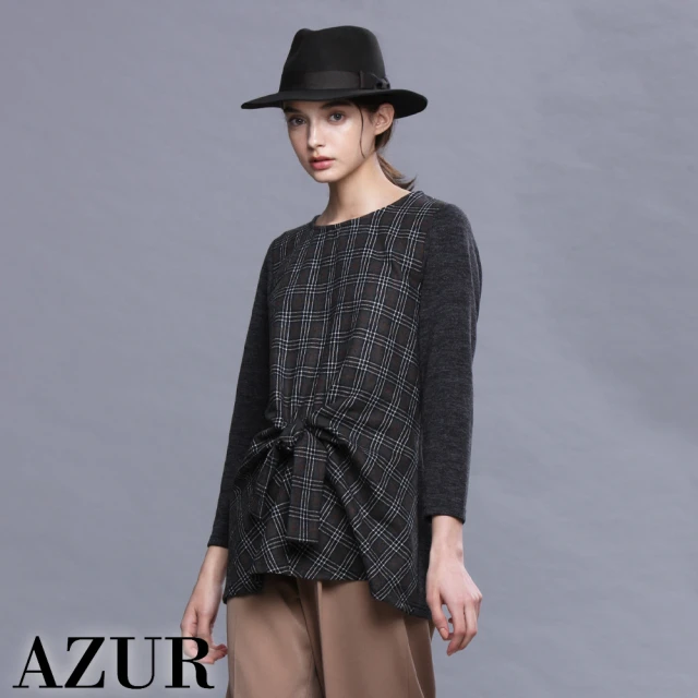 AZUR 時尚女伶格紋拼接綁結造型上衣