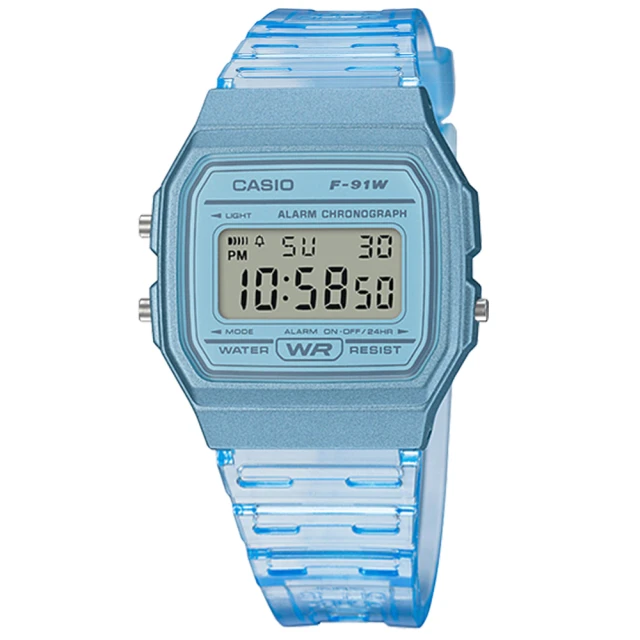 【CASIO 卡西歐】方形造型 果凍漸層 電子液晶 橡膠手錶 半透明藍色 35mm(F-91WS-2)