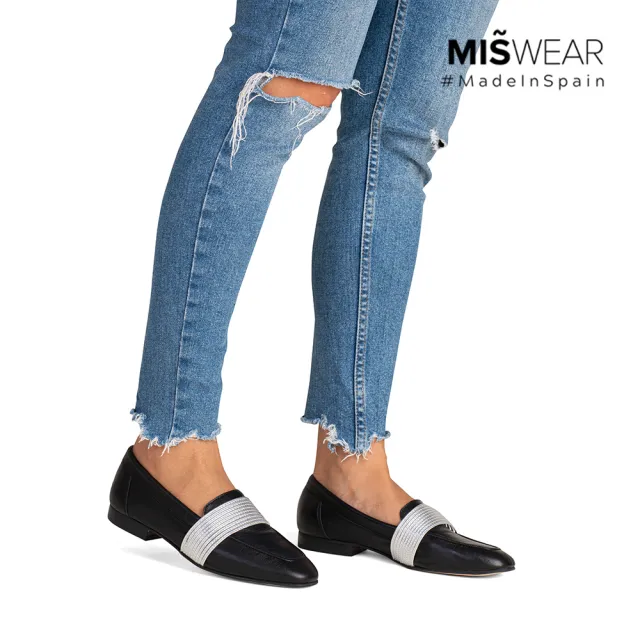 【MISWEAR】女-平底鞋-MISWEAR 真皮銀飾寬版樂福鞋-百搭黑