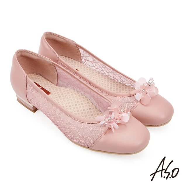 【A.S.O 阿瘦集團】彈麗舒活透膚飾花低跟鞋(粉紅)