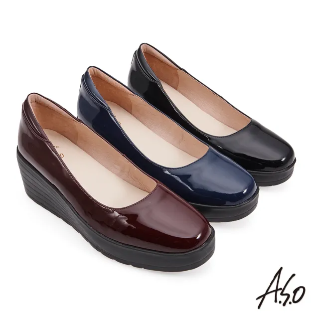 【A.S.O 阿瘦集團】美力健康素面鏡面牛皮方頭楔型鞋(深藍)
