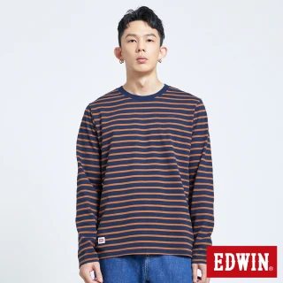 【EDWIN】男裝 基本條紋 薄長袖T恤(丈青色)