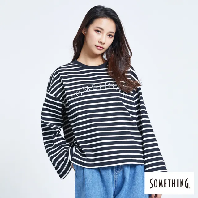 【SOMETHING】女裝 剛印條紋寬版長袖T恤(黑色)