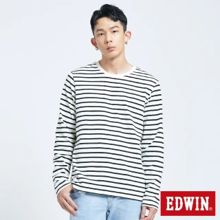 【EDWIN】男裝 基本條紋 薄長袖T恤(米白色)
