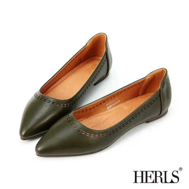 【HERLS】平底鞋-幾何沖孔滾邊尖頭平底鞋(墨綠色)