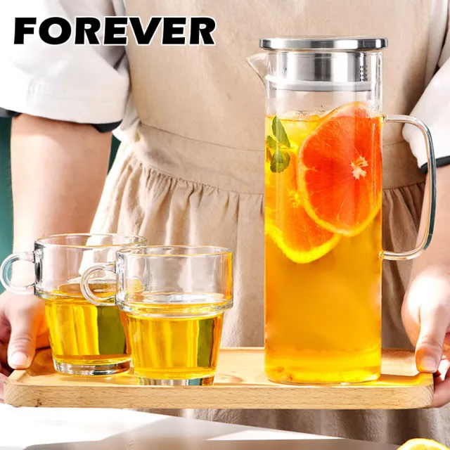 【FOREVER 鋒愛華】耐熱玻璃水壺1L手柄圓型款(買一送一)
