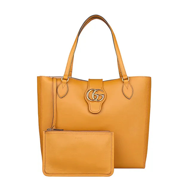 【GUCCI 古馳】GUCCI雙G金字LOGO小牛皮磁吸式肩背托特子母包(中/焦橙)（其他規格）