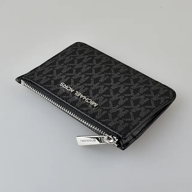 【Michael Kors】MK MICHAEL KORS JET SET 銀字LOGO字母印花PVC 3卡拉鍊鑰匙零錢包(黑)
