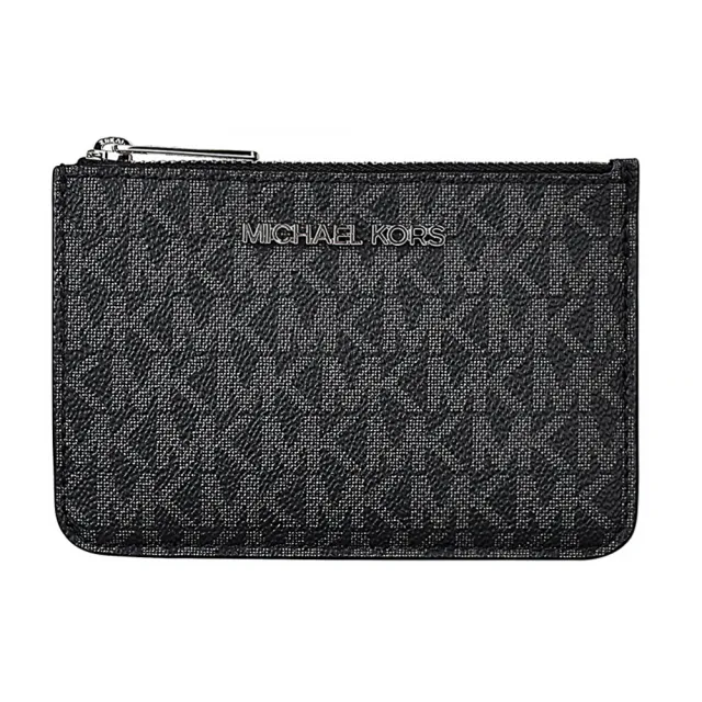 【Michael Kors】MK MICHAEL KORS JET SET 銀字LOGO字母印花PVC 3卡拉鍊鑰匙零錢包(黑)