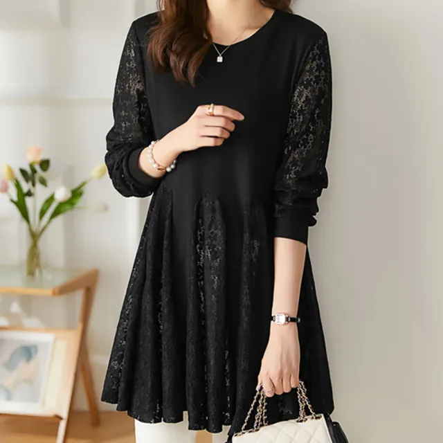 【麗質達人】169黑色蕾絲拼接假二件上衣-AA(L-5XL)